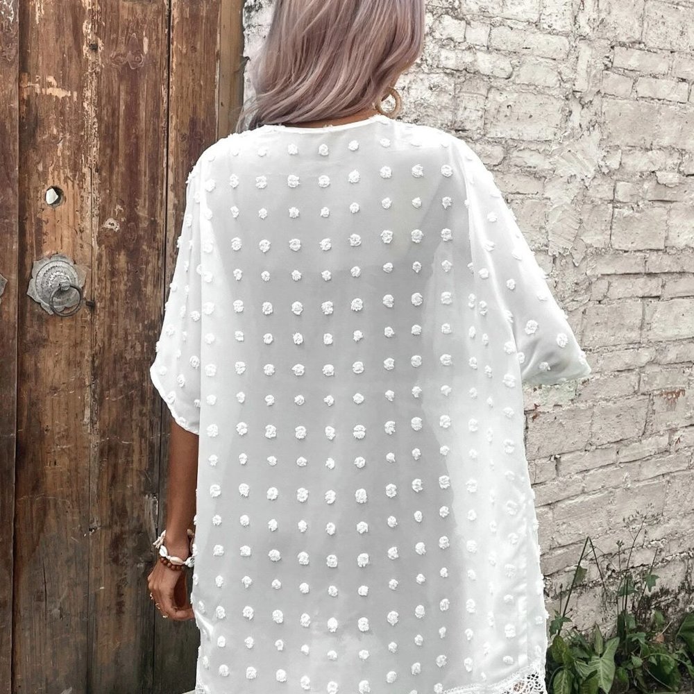 White Boho Womens Swiss Dot Contrast Lace Dolman Sleeve Kimono - Picture 2 of 5